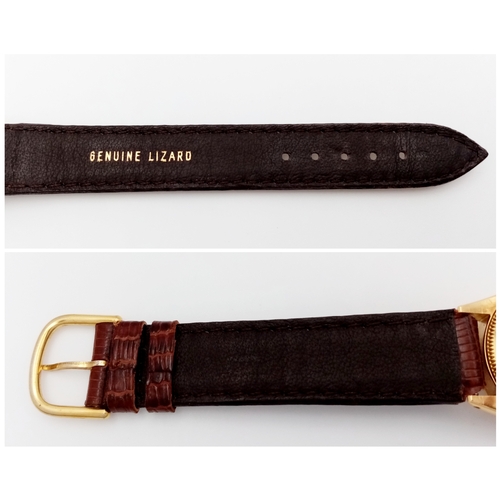 177 - A 18K Gold Rolex Oyster Perpetual Gold Ladies Automatic Watch. Brown leather strap. 18K gold case. S... 