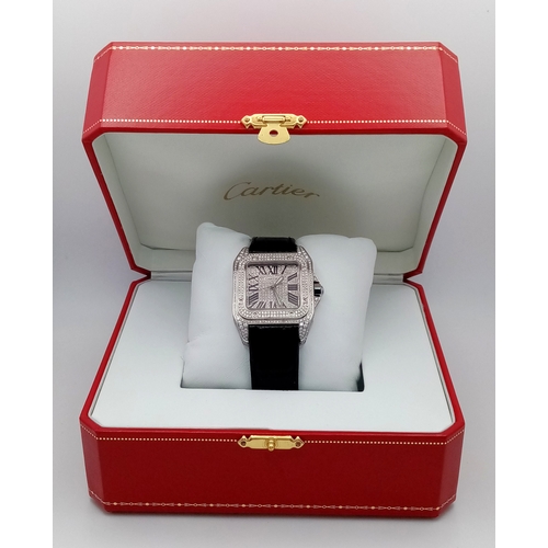 19 - A Cartier Santos 100 Diamond Encrusted Automatic Watch. Black leather strap with fold-over clasp. Di... 