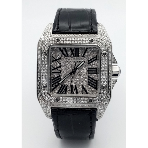 19 - A Cartier Santos 100 Diamond Encrusted Automatic Watch. Black leather strap with fold-over clasp. Di... 