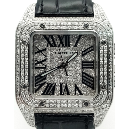 19 - A Cartier Santos 100 Diamond Encrusted Automatic Watch. Black leather strap with fold-over clasp. Di... 