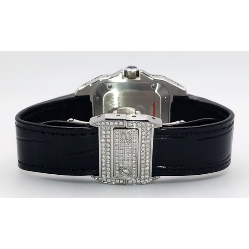 19 - A Cartier Santos 100 Diamond Encrusted Automatic Watch. Black leather strap with fold-over clasp. Di... 