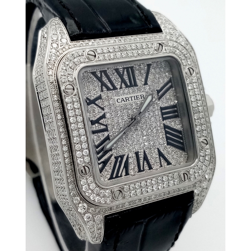 19 - A Cartier Santos 100 Diamond Encrusted Automatic Watch. Black leather strap with fold-over clasp. Di... 