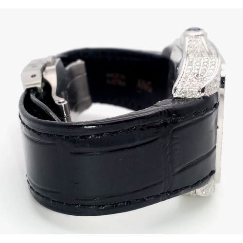 19 - A Cartier Santos 100 Diamond Encrusted Automatic Watch. Black leather strap with fold-over clasp. Di... 
