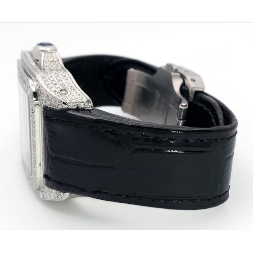 19 - A Cartier Santos 100 Diamond Encrusted Automatic Watch. Black leather strap with fold-over clasp. Di... 