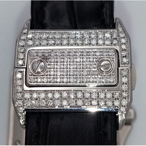 19 - A Cartier Santos 100 Diamond Encrusted Automatic Watch. Black leather strap with fold-over clasp. Di... 