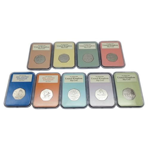 635 - Nine Winnie The Pooh Collectible 50 Pence Coins. All brilliant uncirculated and encapsulated.