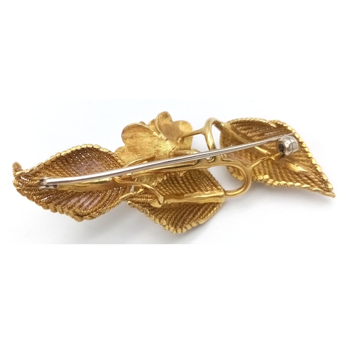1161 - 18k yellow gold floral brooch, 0.01ct diamond weight, 13.9g total weight. SH2566I.