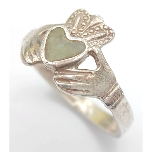 623 - Genuine Vintage SILVER CLADDAGH RING with GREEN CONNEMARA MARBLE . FULL IRISH HALLMARK. Size V - V 1... 