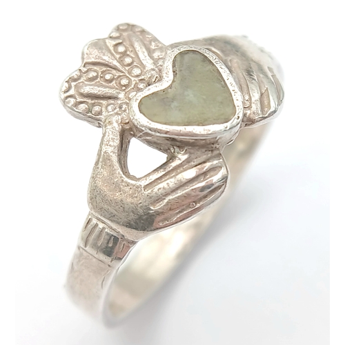 623 - Genuine Vintage SILVER CLADDAGH RING with GREEN CONNEMARA MARBLE . FULL IRISH HALLMARK. Size V - V 1... 