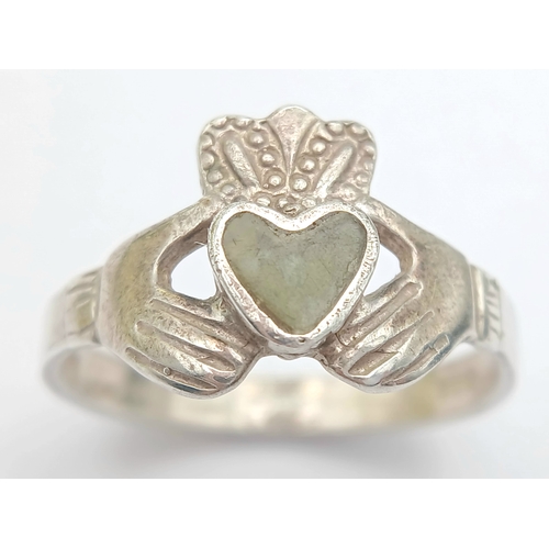 623 - Genuine Vintage SILVER CLADDAGH RING with GREEN CONNEMARA MARBLE . FULL IRISH HALLMARK. Size V - V 1... 