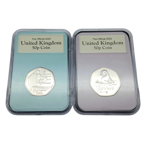 635 - Nine Winnie The Pooh Collectible 50 Pence Coins. All brilliant uncirculated and encapsulated.