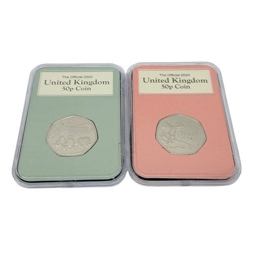 635 - Nine Winnie The Pooh Collectible 50 Pence Coins. All brilliant uncirculated and encapsulated.