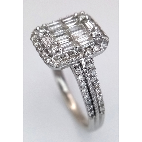 1265 - A 9K WHITE GOLD, FANCY DIAMOND SET, CLUSTER RING. 0.80 CTW. 4.4G, SIZE N. SPSA 1004
