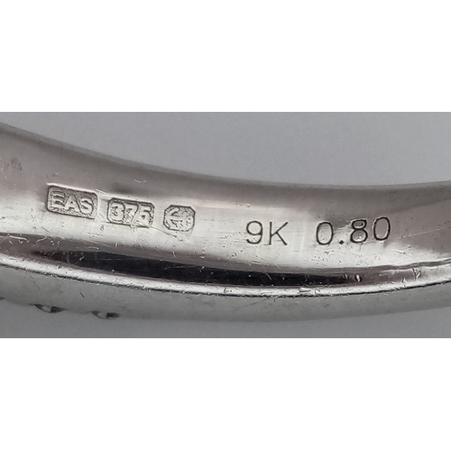 1265 - A 9K WHITE GOLD, FANCY DIAMOND SET, CLUSTER RING. 0.80 CTW. 4.4G, SIZE N. SPSA 1004