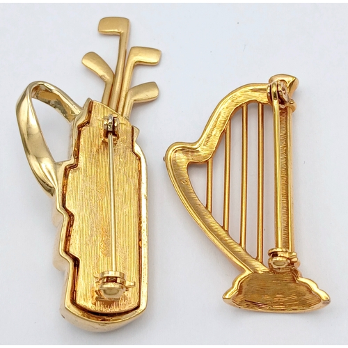1166 - 2X large vintage gold-tone stone set golf bag and harp instrument brooches. Total length 4.5 and 6.5... 
