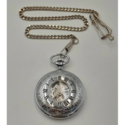 642 - A WOODFORD, MANUAL WIND, 17 JEWELS ANTICHOC, CHROME PLATED CASE, HUNTER POCKET WATCH WITH ALBERT CHA... 