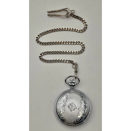 642 - A WOODFORD, MANUAL WIND, 17 JEWELS ANTICHOC, CHROME PLATED CASE, HUNTER POCKET WATCH WITH ALBERT CHA... 