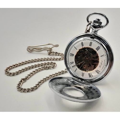 642 - A WOODFORD, MANUAL WIND, 17 JEWELS ANTICHOC, CHROME PLATED CASE, HUNTER POCKET WATCH WITH ALBERT CHA... 