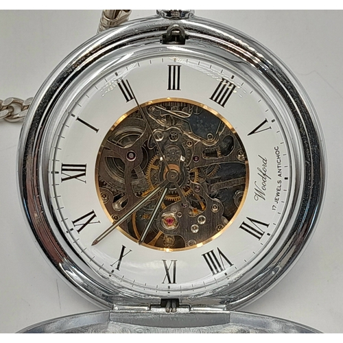 642 - A WOODFORD, MANUAL WIND, 17 JEWELS ANTICHOC, CHROME PLATED CASE, HUNTER POCKET WATCH WITH ALBERT CHA... 