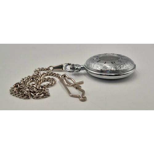 642 - A WOODFORD, MANUAL WIND, 17 JEWELS ANTICHOC, CHROME PLATED CASE, HUNTER POCKET WATCH WITH ALBERT CHA... 