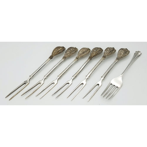 659 - A Set of Vintage .800 Continental Silver Floral Filigree Pickle Forks, along with an Antique Cake Fo... 