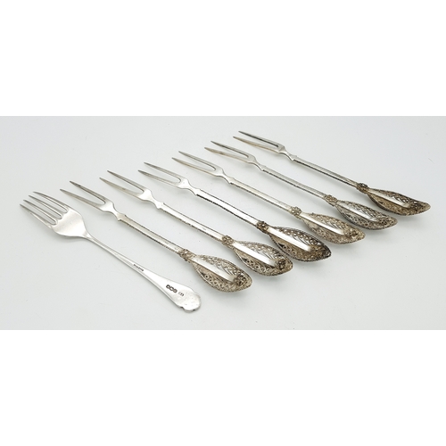 659 - A Set of Vintage .800 Continental Silver Floral Filigree Pickle Forks, along with an Antique Cake Fo... 