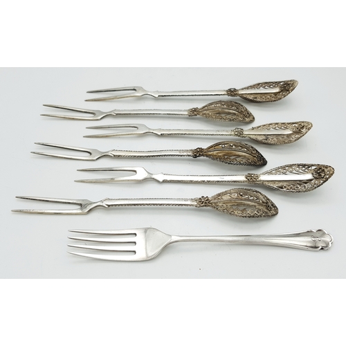 659 - A Set of Vintage .800 Continental Silver Floral Filigree Pickle Forks, along with an Antique Cake Fo... 