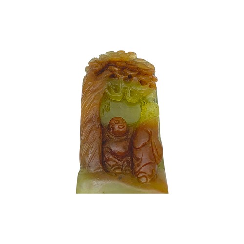 711 - A Rare Miniature Jadeite Seal Carved with Maitreya (Laughing Buddha). Rectangular form, carved from ... 
