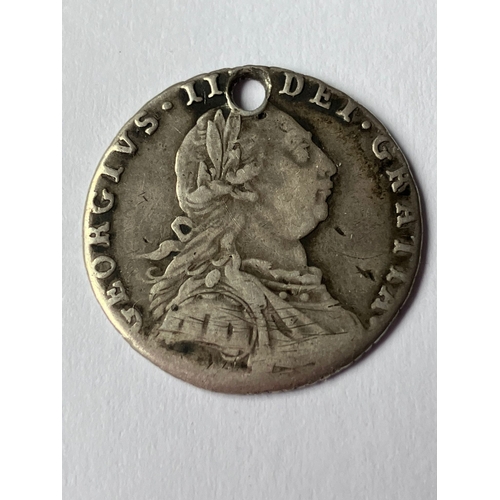 644 - 1787 GEORGE III SILVER SIXPENCE coin with ‘Semee of Hearts’ . Drilled, otherwise fine/very fine.