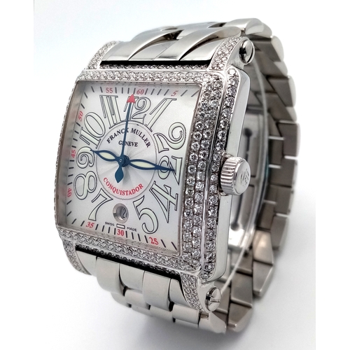 A Franck Muller 'Master of Complications' Conquistador Automatic Diamond Gents Watch. Stainless steel bracelet and case - 42mm. Diamond encrusted bezel and lugs. White dial with Arabic markers and date window. In very good condition and working order. Comes with a certificate of authenticity. No. 114 of 10,000. Note: Diamonds have been professionally custom fitted.