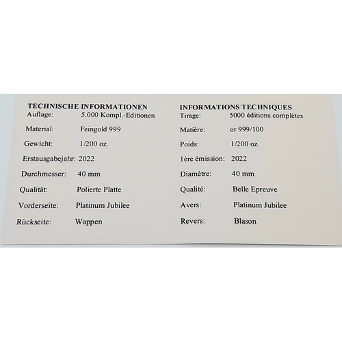 1142 - A Commemorative 'Queen Elizabeth II' Gold Coin Card. 1/200th oz of fine gold (.999). Comes with COA ... 