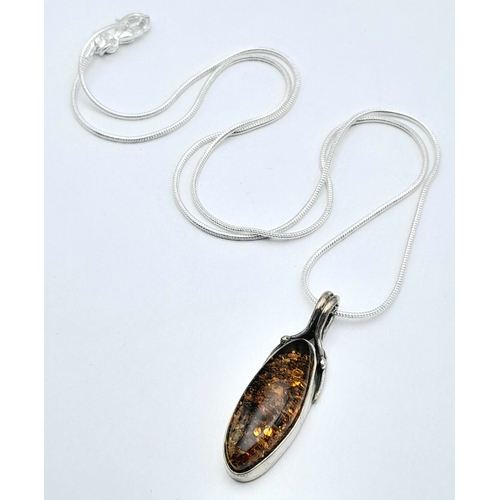 1160 - Genuine AMBER PENDANT set in SILVER and Mounted on a SILVER NECKLACE. Necklace x 48 cm. Pendant x 3.... 