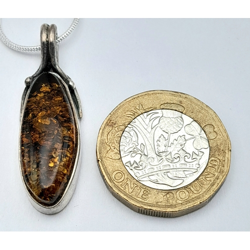 1160 - Genuine AMBER PENDANT set in SILVER and Mounted on a SILVER NECKLACE. Necklace x 48 cm. Pendant x 3.... 