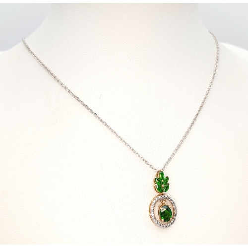 1186 - A Sterling Silver Gilt and Green Gemstone Pendant Necklace. Both Pendant and Necklace are Hallmarked... 