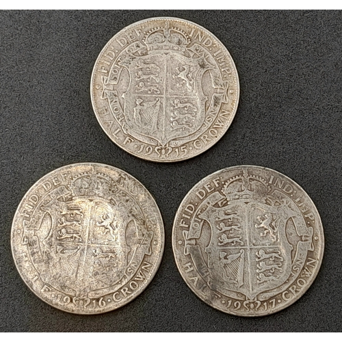 1214 - Three Consecutive Years George V 925 Silver Half Crown Coins - 1915,16 and 17. 41.3g total weight.