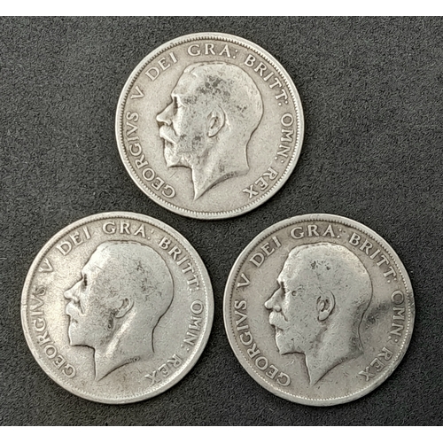 1214 - Three Consecutive Years George V 925 Silver Half Crown Coins - 1915,16 and 17. 41.3g total weight.