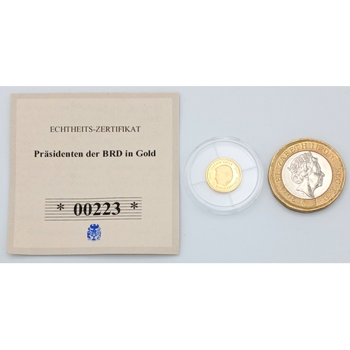 1177 - A 14K Gold Commemorative German Coin. Proof. 0.5g. Limited Edition. Encapsulated with COA.