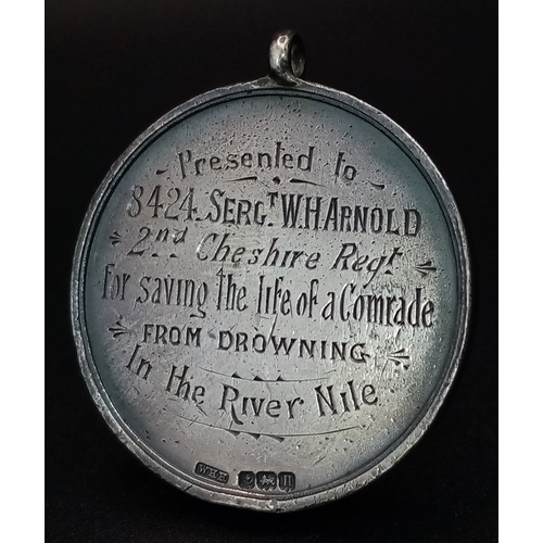 1192 - An Antique Sterling Silver Fob Medal, Presented to 8424. Serg. W.H.Arnold 2nd Cheshire Regt. for Sav... 