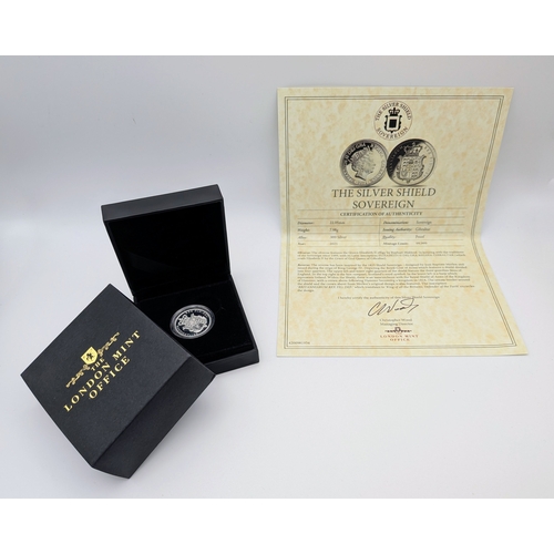 1184 - The 2021 Fine Silver (.999) Shield Sovereign coin. Proof, encapsulated with case and COA. 7.98g.