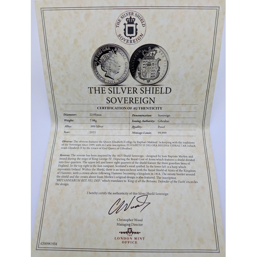 1184 - The 2021 Fine Silver (.999) Shield Sovereign coin. Proof, encapsulated with case and COA. 7.98g.
