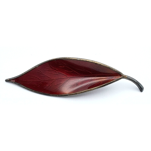 667 - A David Andersen Sterling Silver and Red Enamel Leaf Shaped Pin Brooch. Hallmarked D-A 925S Norway S... 
