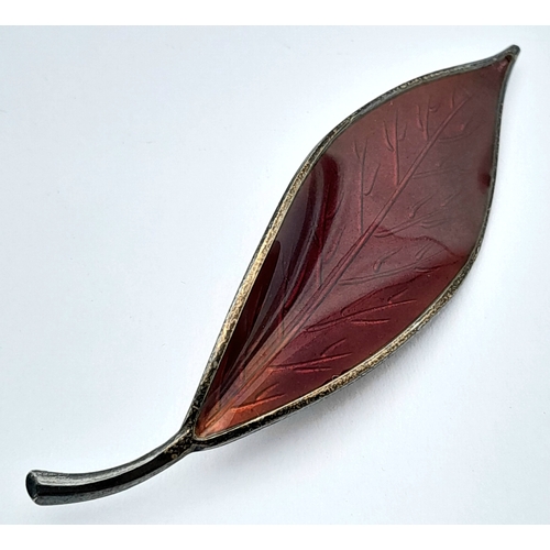 667 - A David Andersen Sterling Silver and Red Enamel Leaf Shaped Pin Brooch. Hallmarked D-A 925S Norway S... 