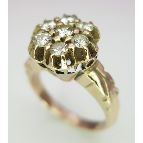 722 - An Antique 9K Gold Gilded Silver Diamond Cluster Ring. Approximately 0.42ctw diamonds. Size H 1/2 - ... 