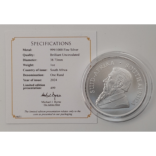 1163 - A Fine Silver (.999) 1oz South African Krugerrand Coin. Brilliant uncirculated. Comes with COA and c... 