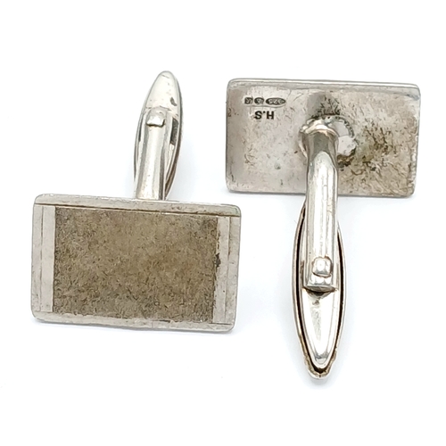 1235 - A Pair of Sterling Silver Rectangular Design Cufflinks with Polished Frame and Matt Finish in the Ce... 