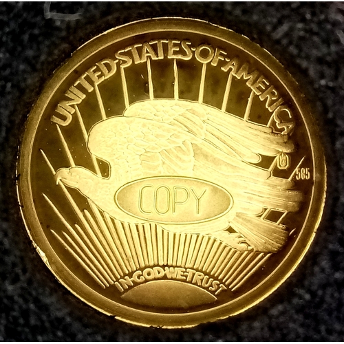 1219 - An American Mint 14K Yellow Gold Replica Double Eagle Coin. Limited edition, proof, encapsulated wit... 