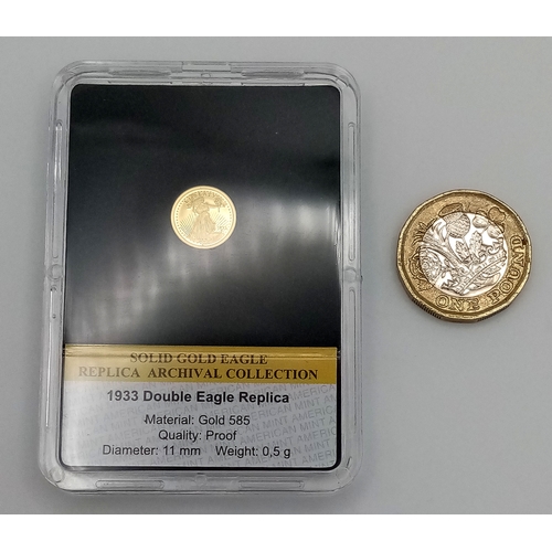 1219 - An American Mint 14K Yellow Gold Replica Double Eagle Coin. Limited edition, proof, encapsulated wit... 