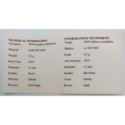 1219 - An American Mint 14K Yellow Gold Replica Double Eagle Coin. Limited edition, proof, encapsulated wit... 