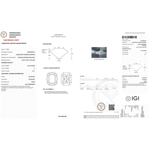 545 - A 6.02Ct Cushion cut Lab-Grown Diamond. Color D, claruty VS1. IGI certified. Cert no: LG687506973. M... 
