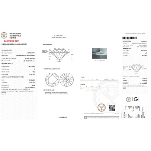 526 - A 2.00 Ct Round Brilliant cut Lab-Grown Diamond. Color E, clarity VS2. IGI certified. Cert no: LG772... 